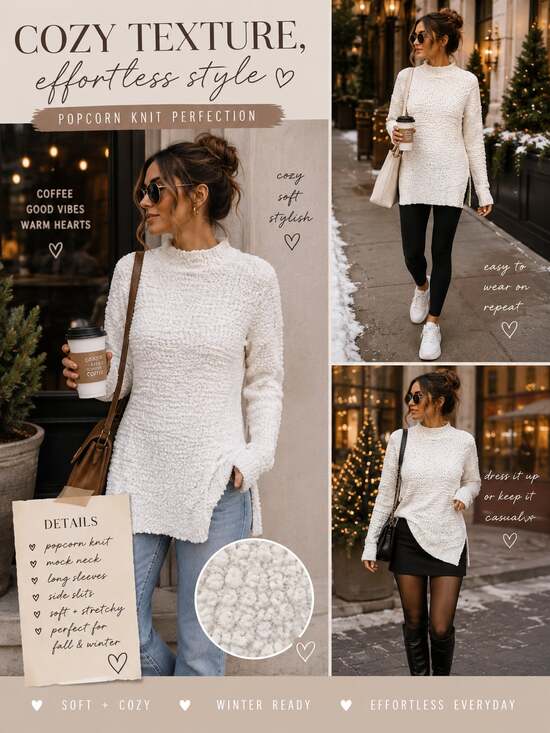 MEROKEETY Sweaters - MEROKEETY White Popcorn Knit Mock Neck Tunic Sweater Size S